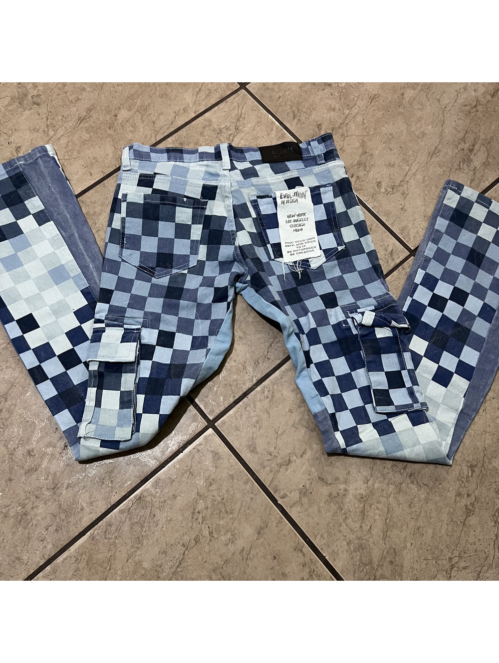Evolution in Design Stacked Cargo Checkered Patch Style Denim Pants Tag Size 20